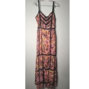 Bebe Dark Floral Maxi Dress Spaghetti Straps Black Lace Trim Size Large
